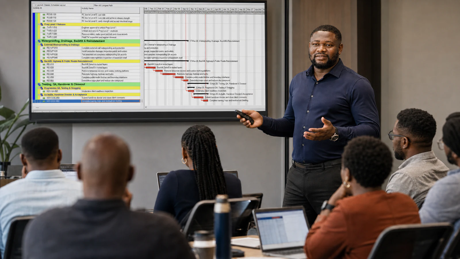 Dr Francis Osadare teaching Primavera P6 during a live project-controls workshop