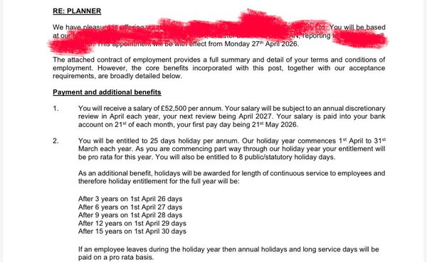 Formal Planner offer letter at fifty-two thousand five hundred pounds