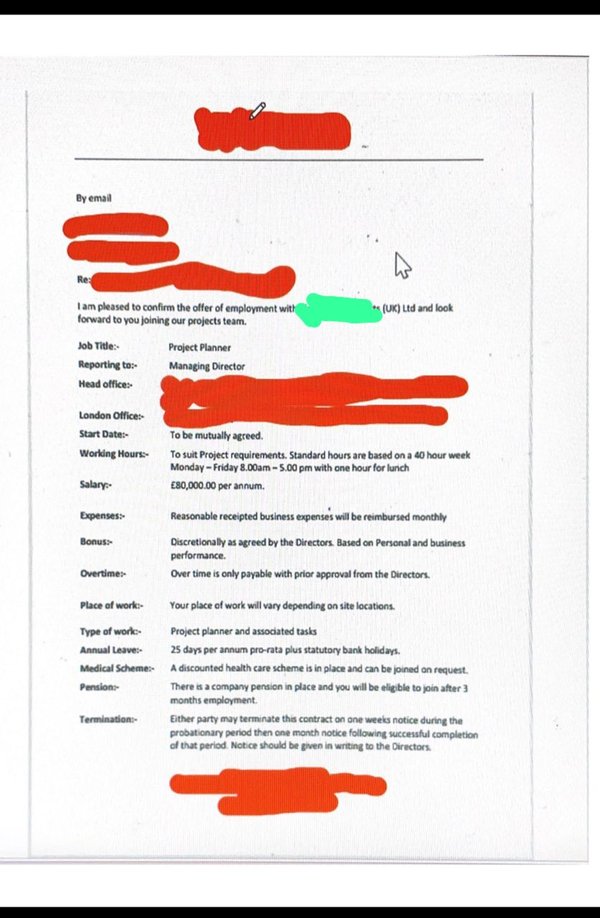 Formal offer letter — Project Planner at eighty thousand pounds per annum